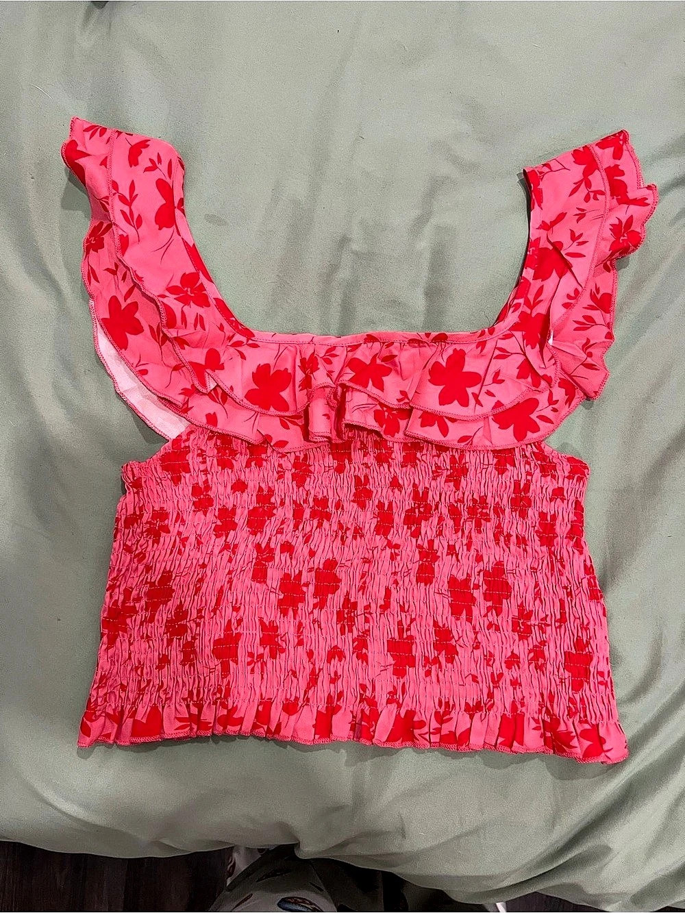 Floral Smocked Ruffle Crop Top in Pink Like New